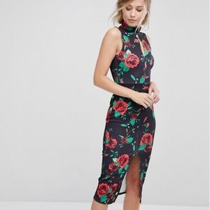 Silver Bloom Printed High Neck Midi Dres